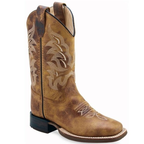 Old West Children Unisex Broad Square Toe Burnt Tan Leather Cowboy Boots 2D - Picture 1 of 10
